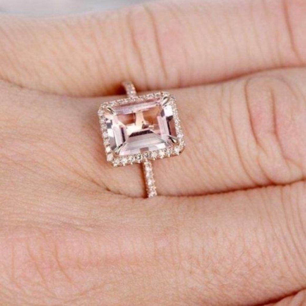 NEW 18K ROSE GOLD MORGANITE HALO DIAMOND RING, CUTE RING, SHINY RING. - Picture 2 of 4